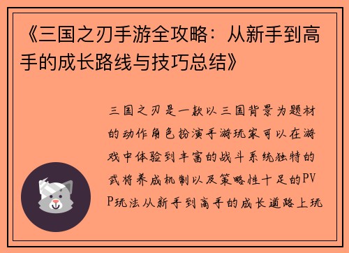 《三国之刃手游全攻略：从新手到高手的成长路线与技巧总结》