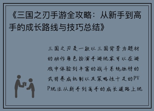 《三国之刃手游全攻略：从新手到高手的成长路线与技巧总结》
